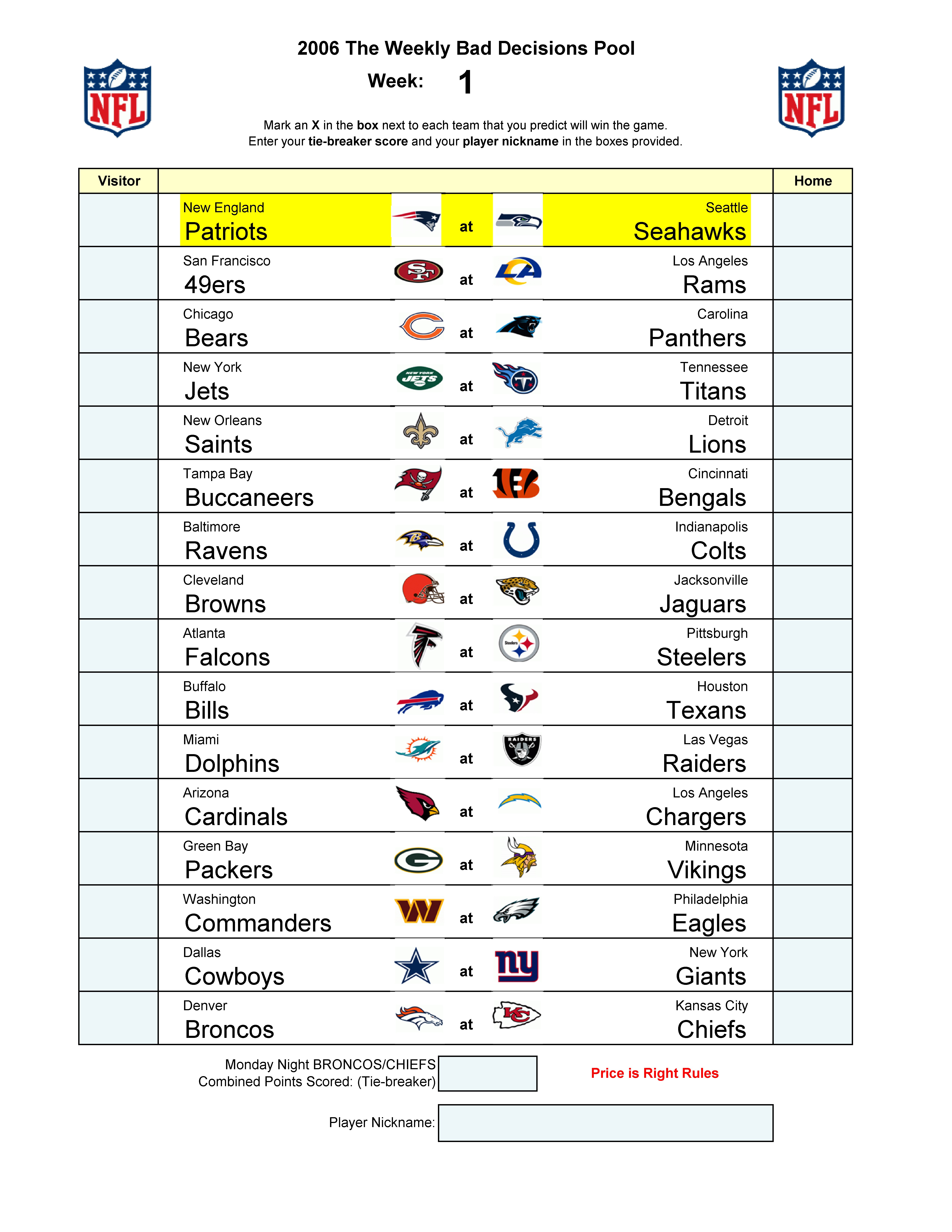 Week 1 blank football pool sheet
