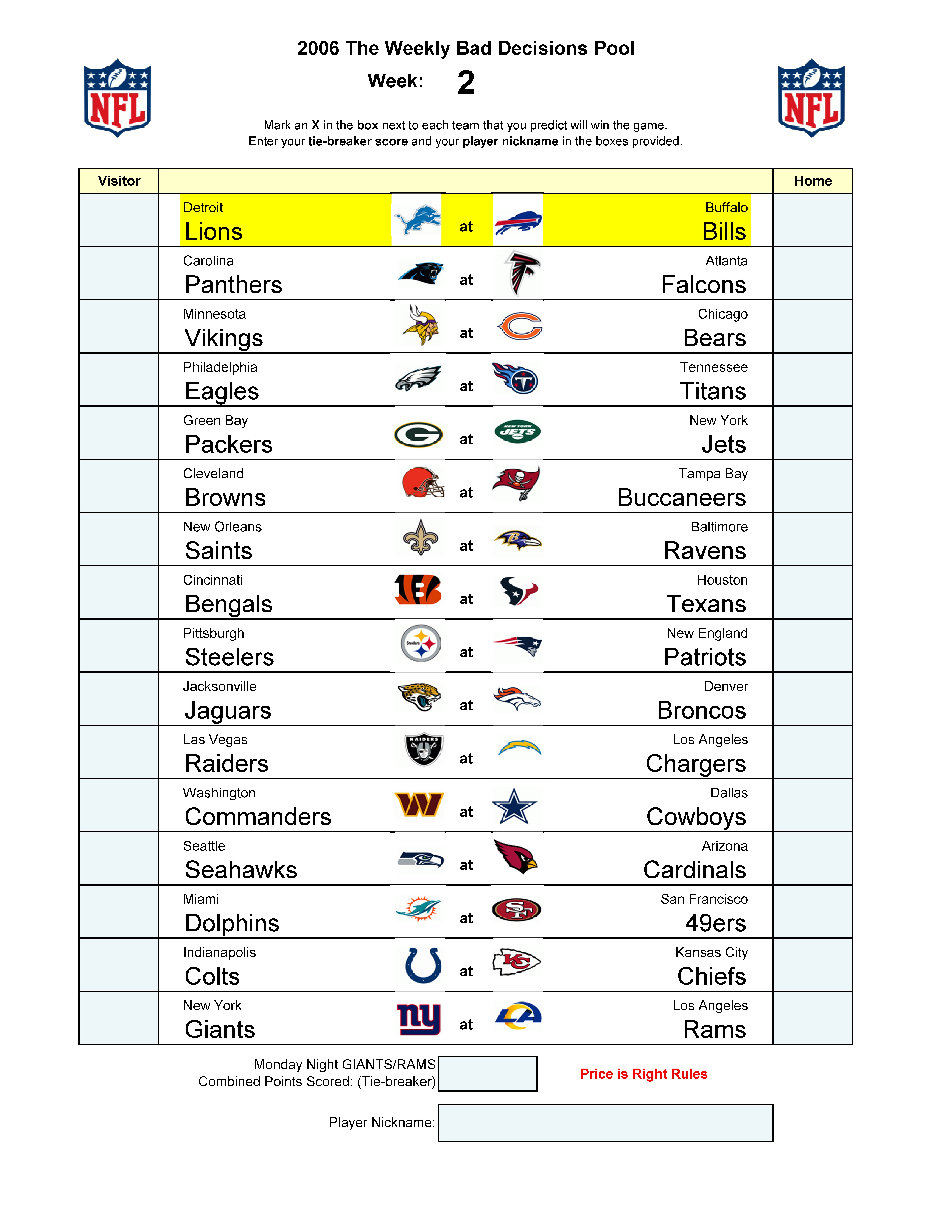 Week 2 blank football pool sheet