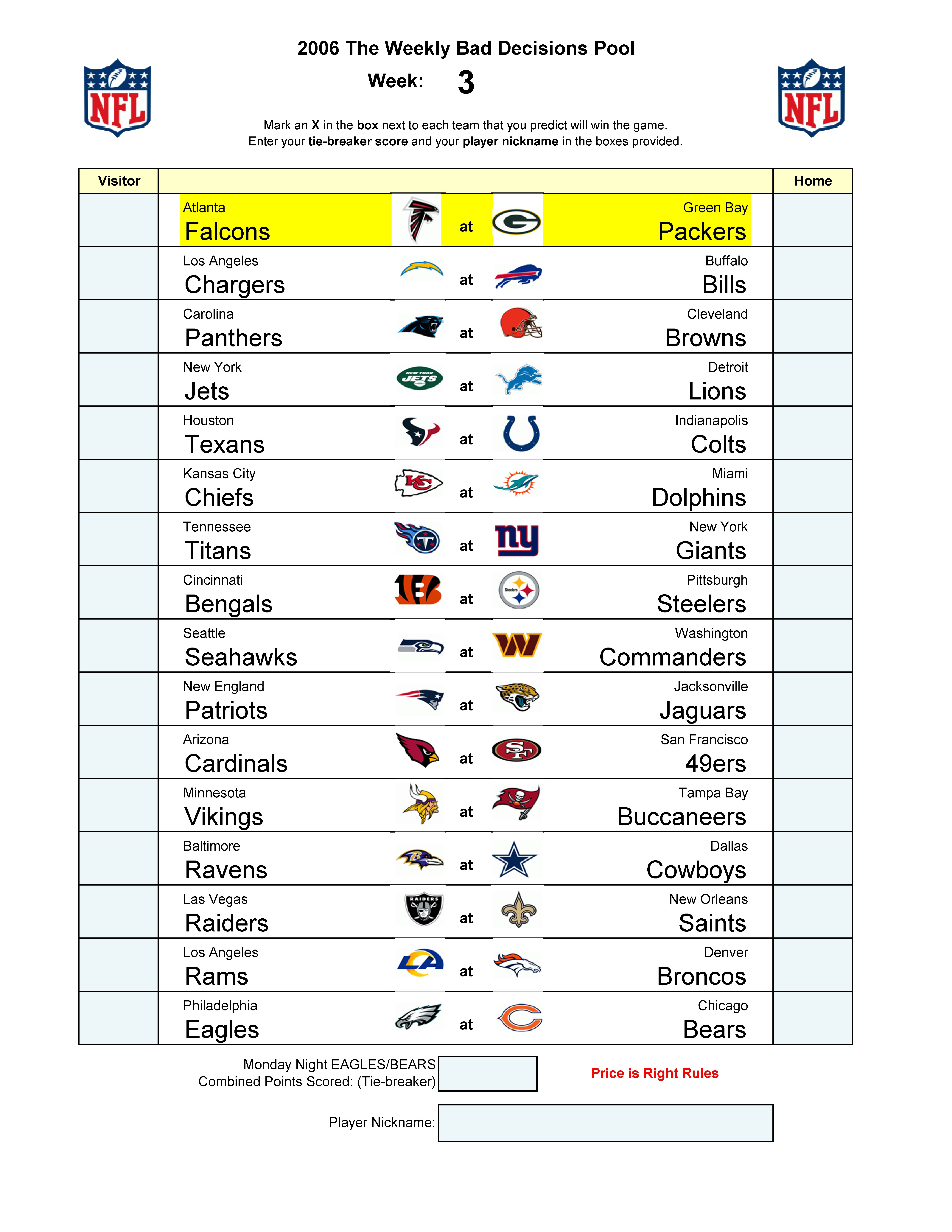 Week 3 blank football pool sheet
