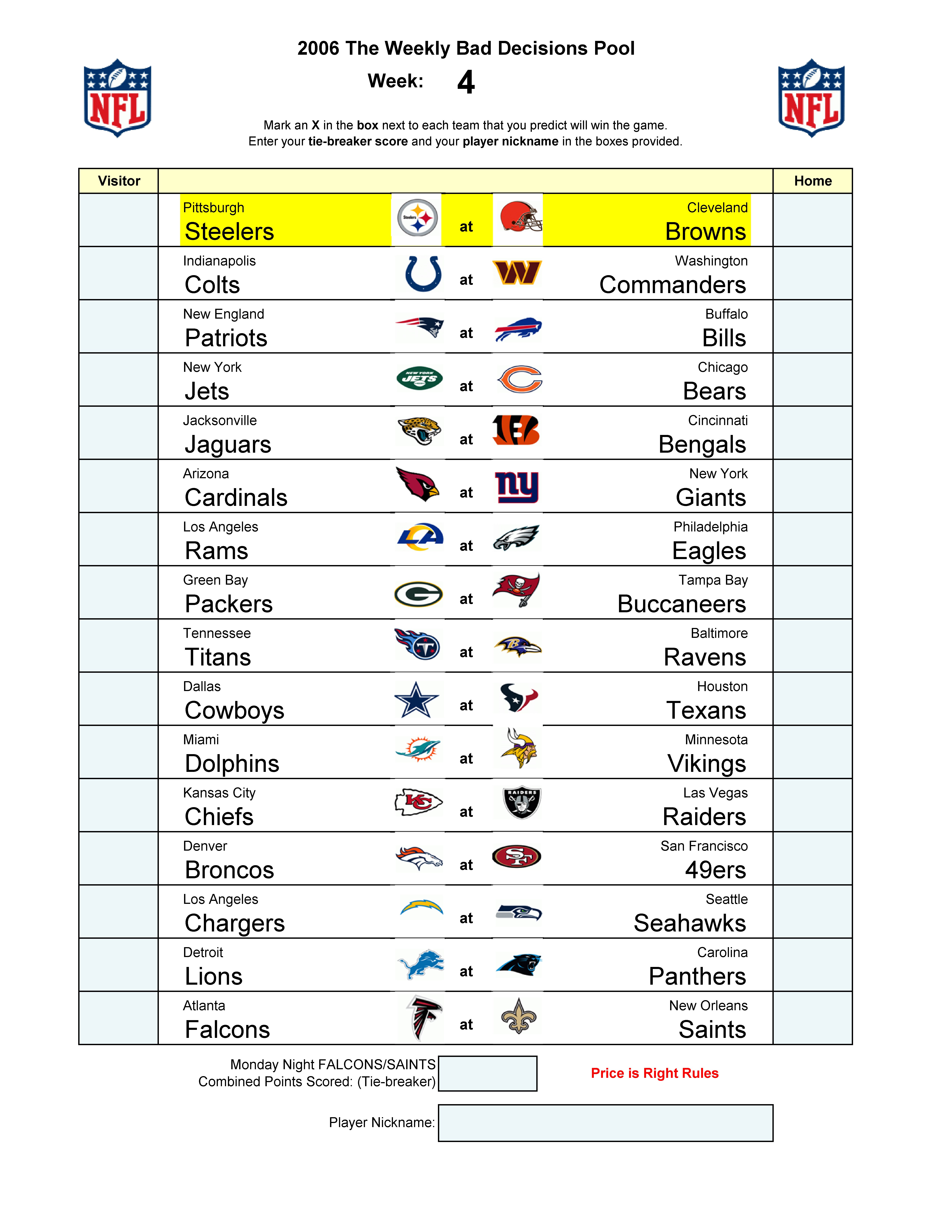 Week 4 blank football pool sheet
