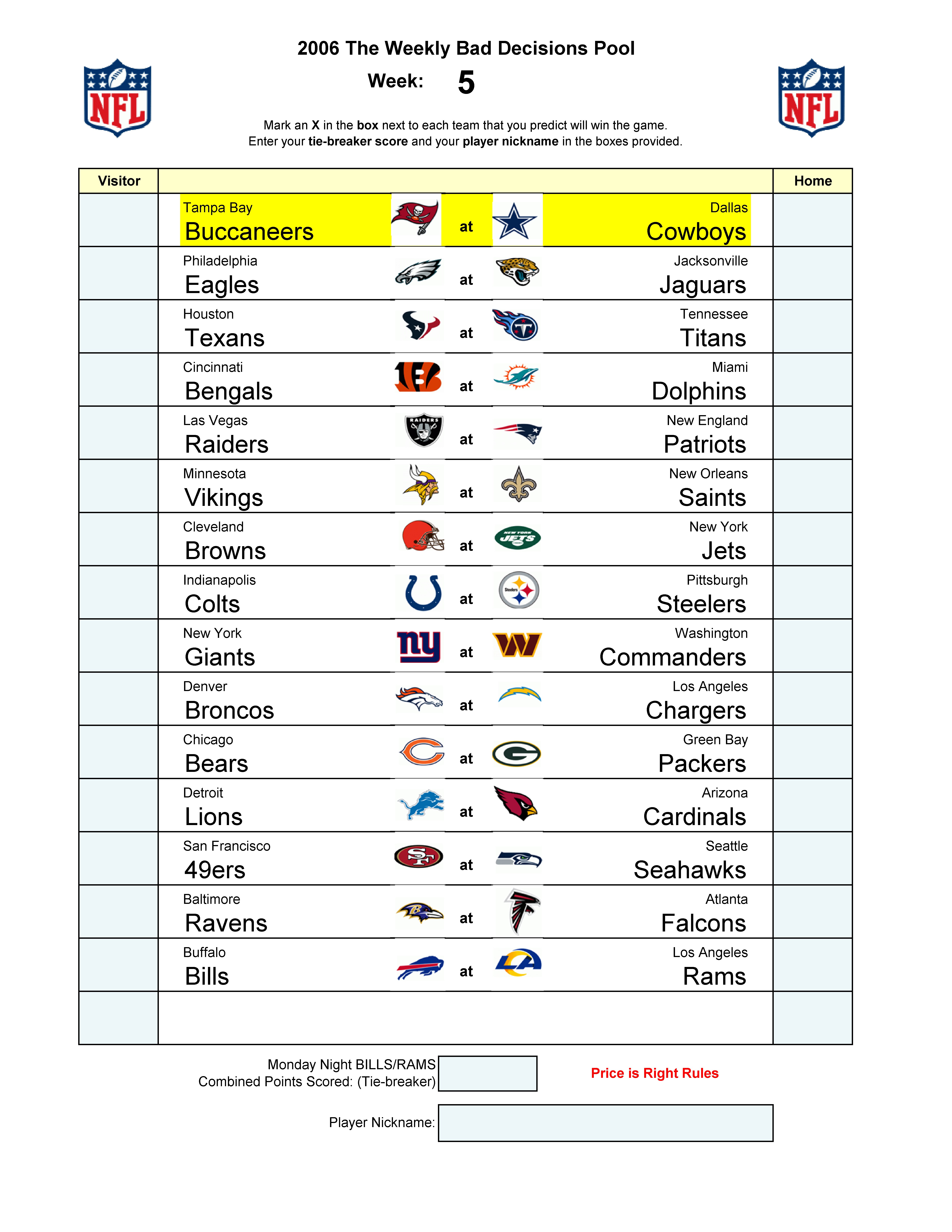 Week 5 blank football pool sheet