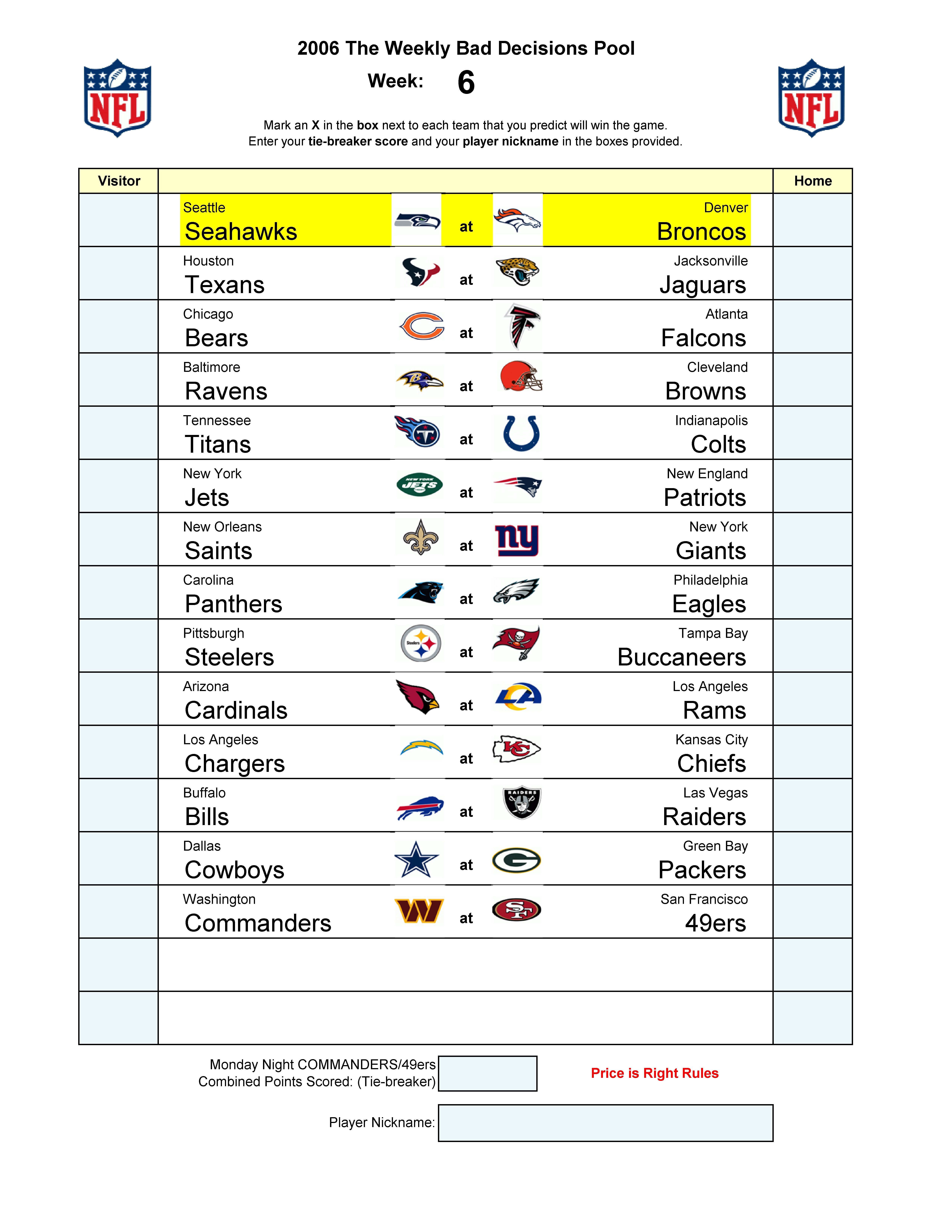 Week 6 blank football pool sheet