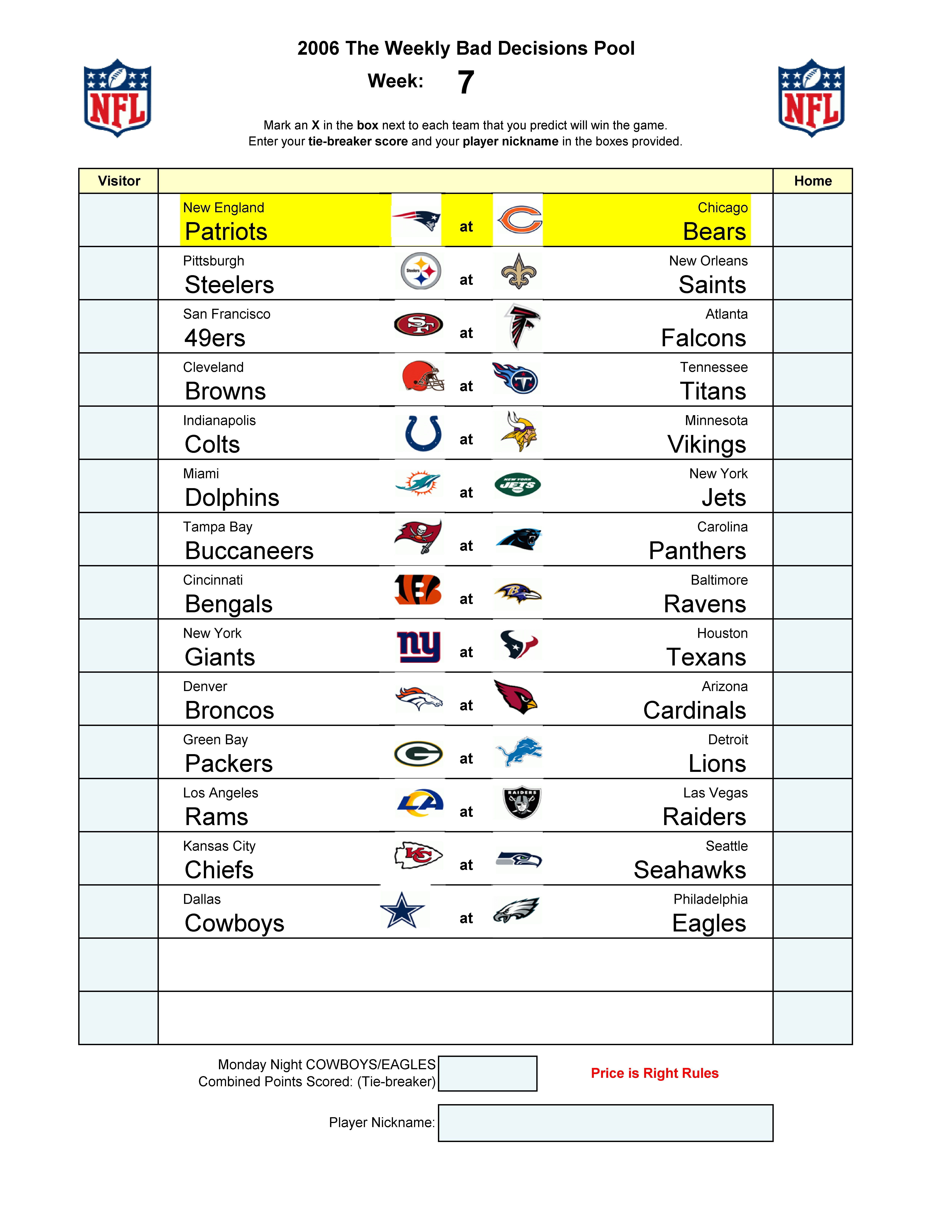 Week 7 blank football pool sheet