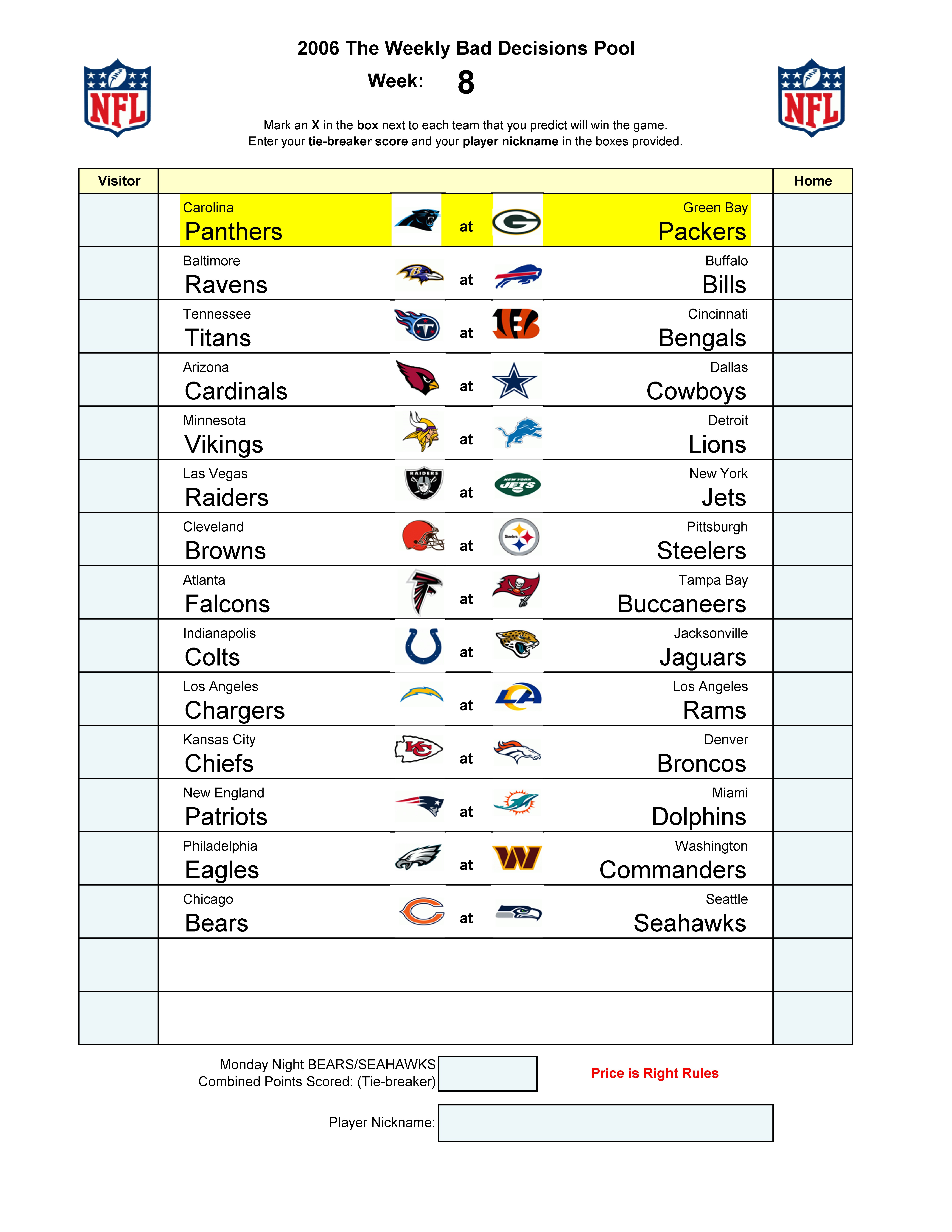 Week 8 blank football pool sheet