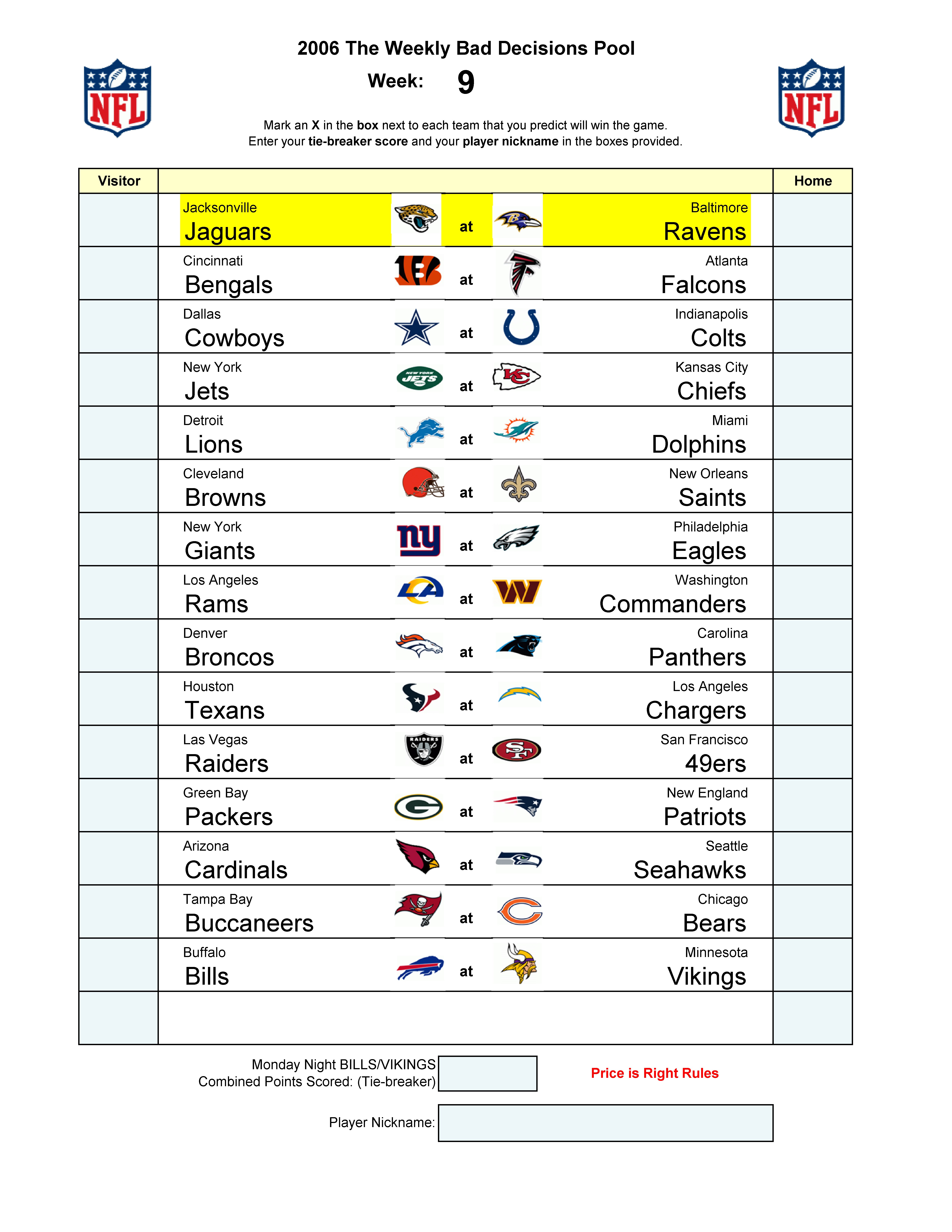 Week 9 blank football pool sheet