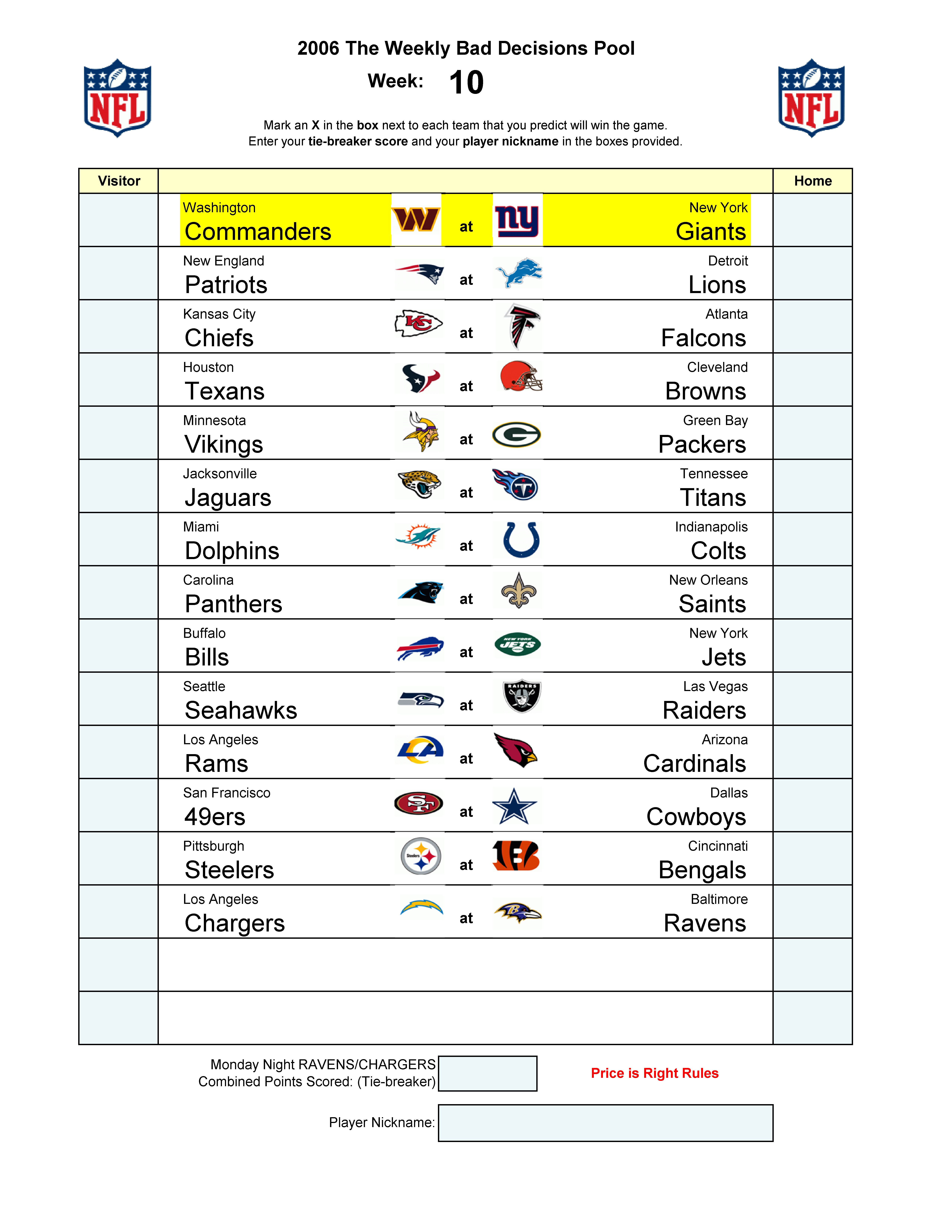Week 10 blank football pool sheet