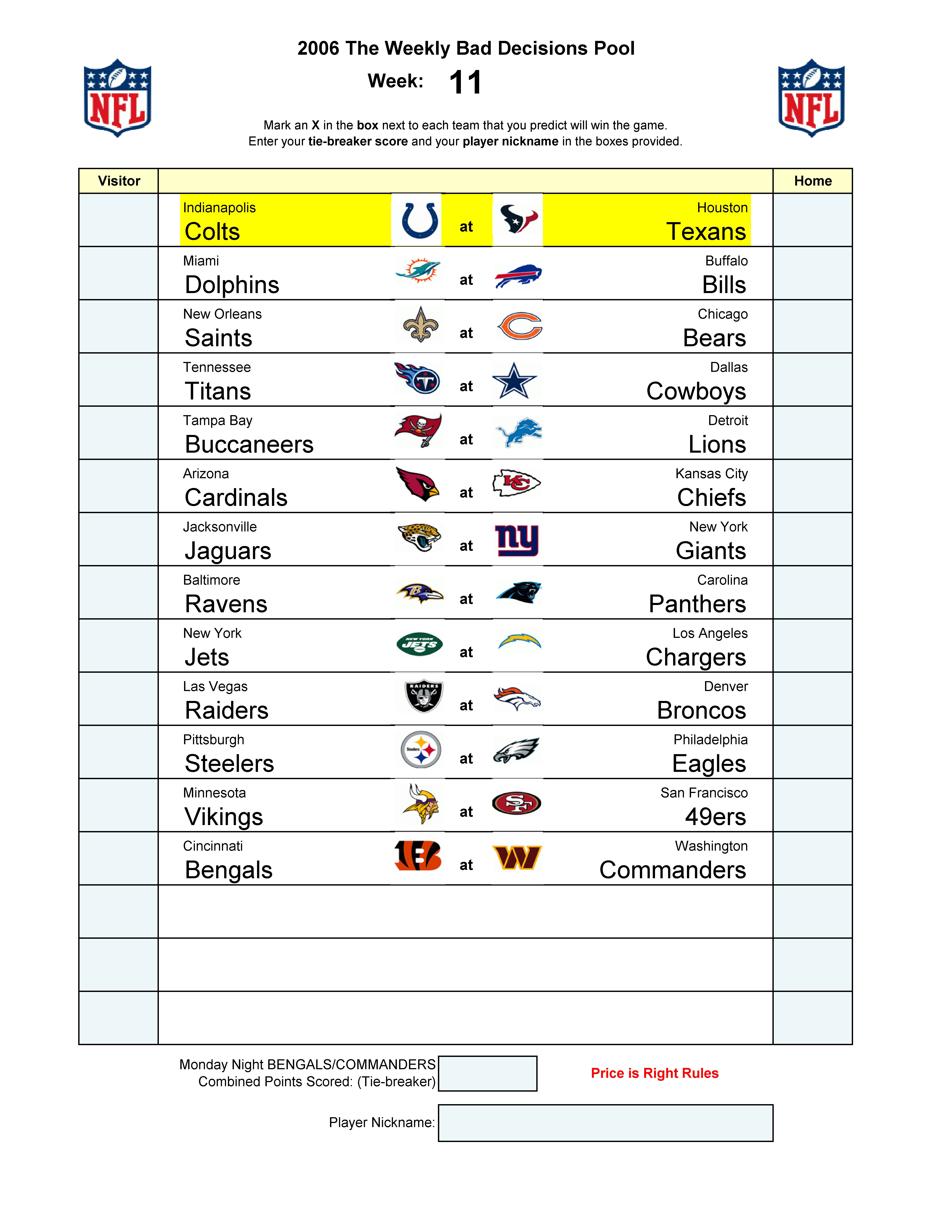 Week 11 blank football pool sheet