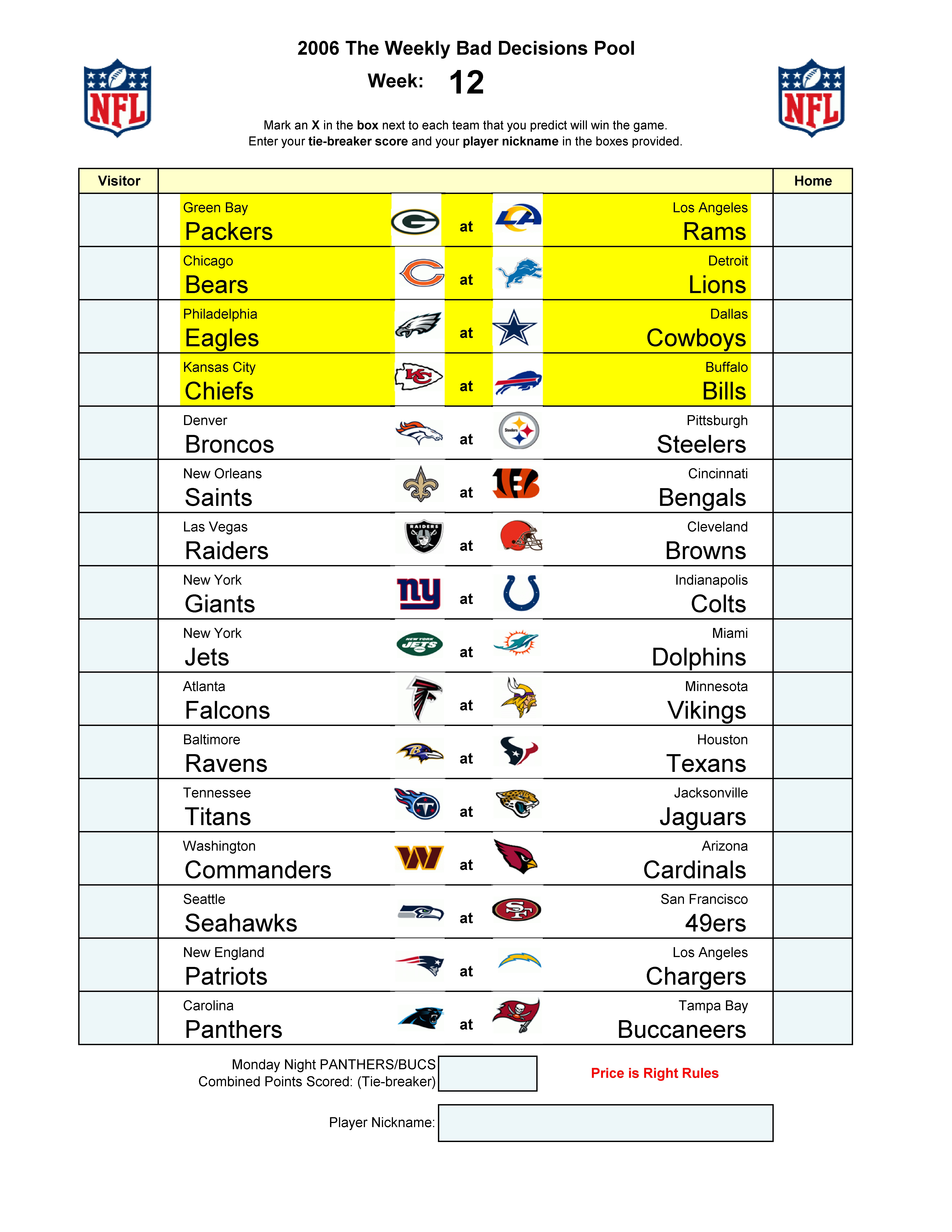 Week 12 blank football pool sheet