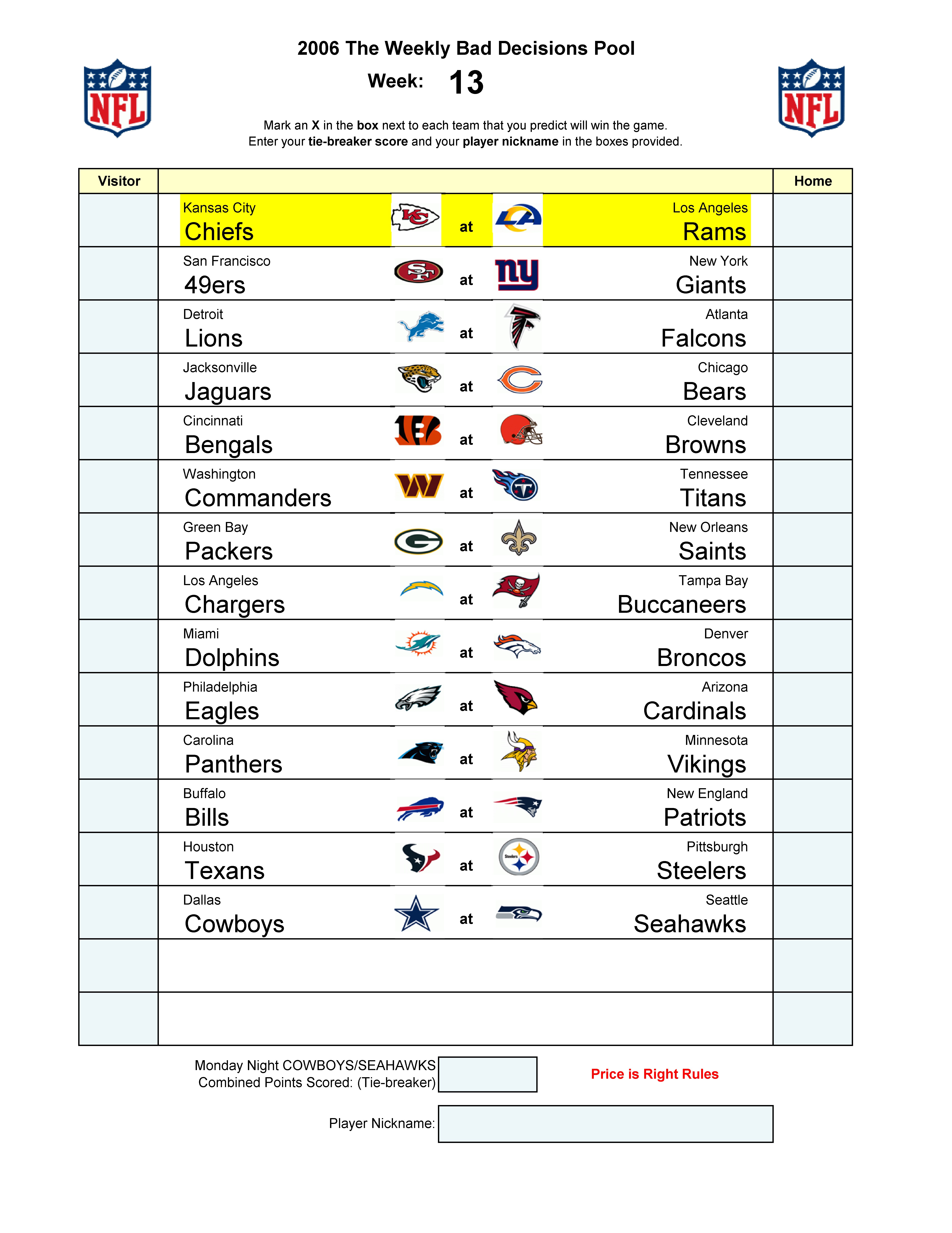 Week 13 blank football pool sheet
