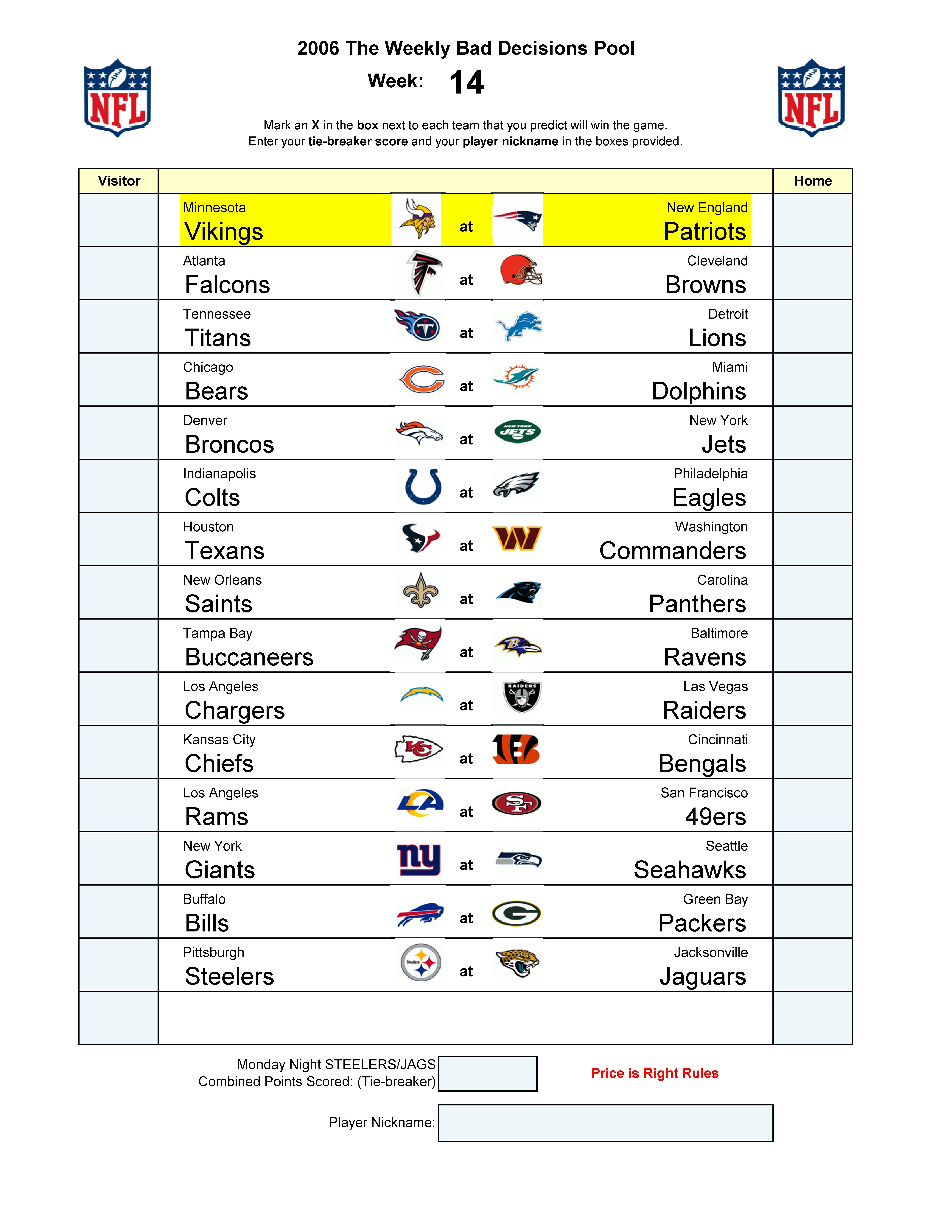 Week 14 blank football pool sheet