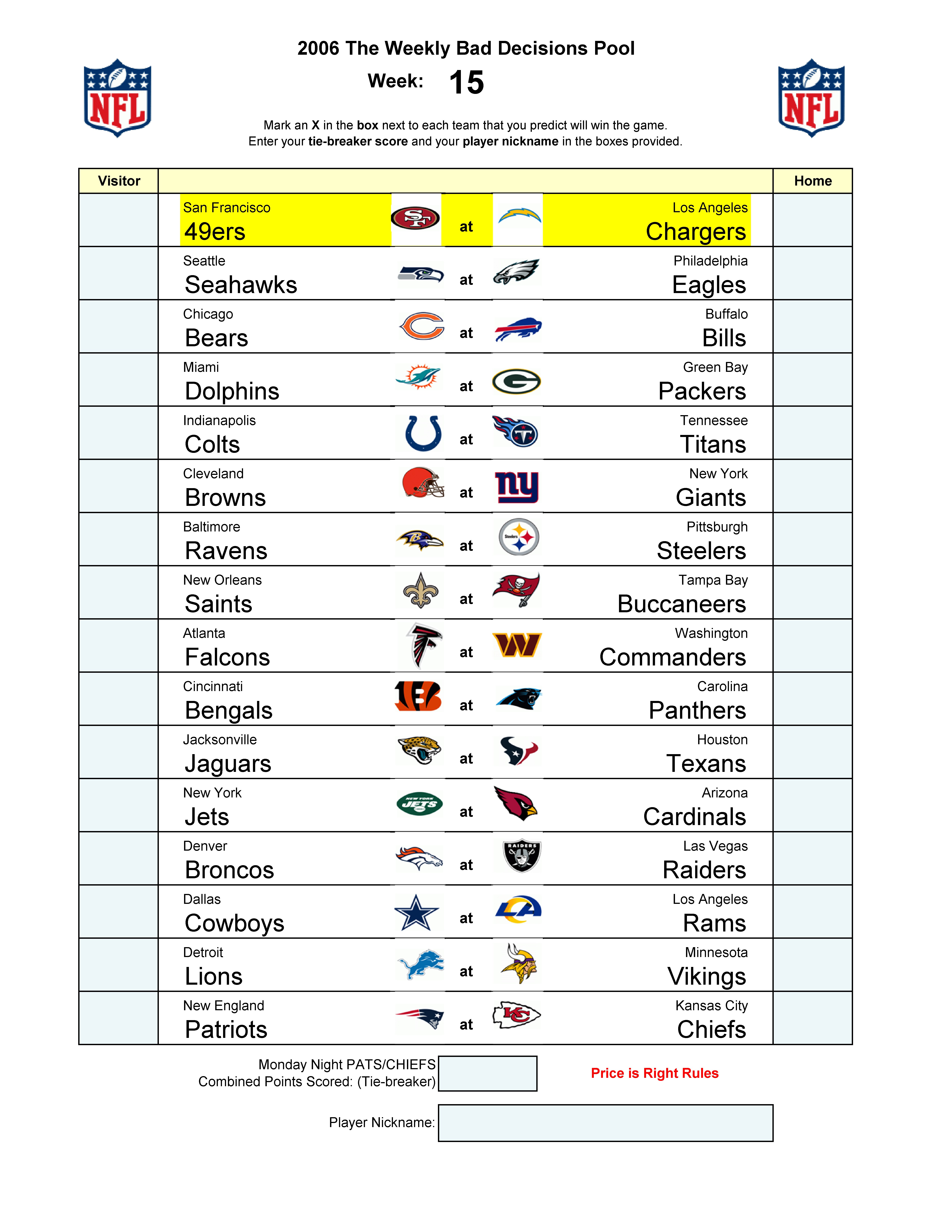 Week 15 blank football pool sheet