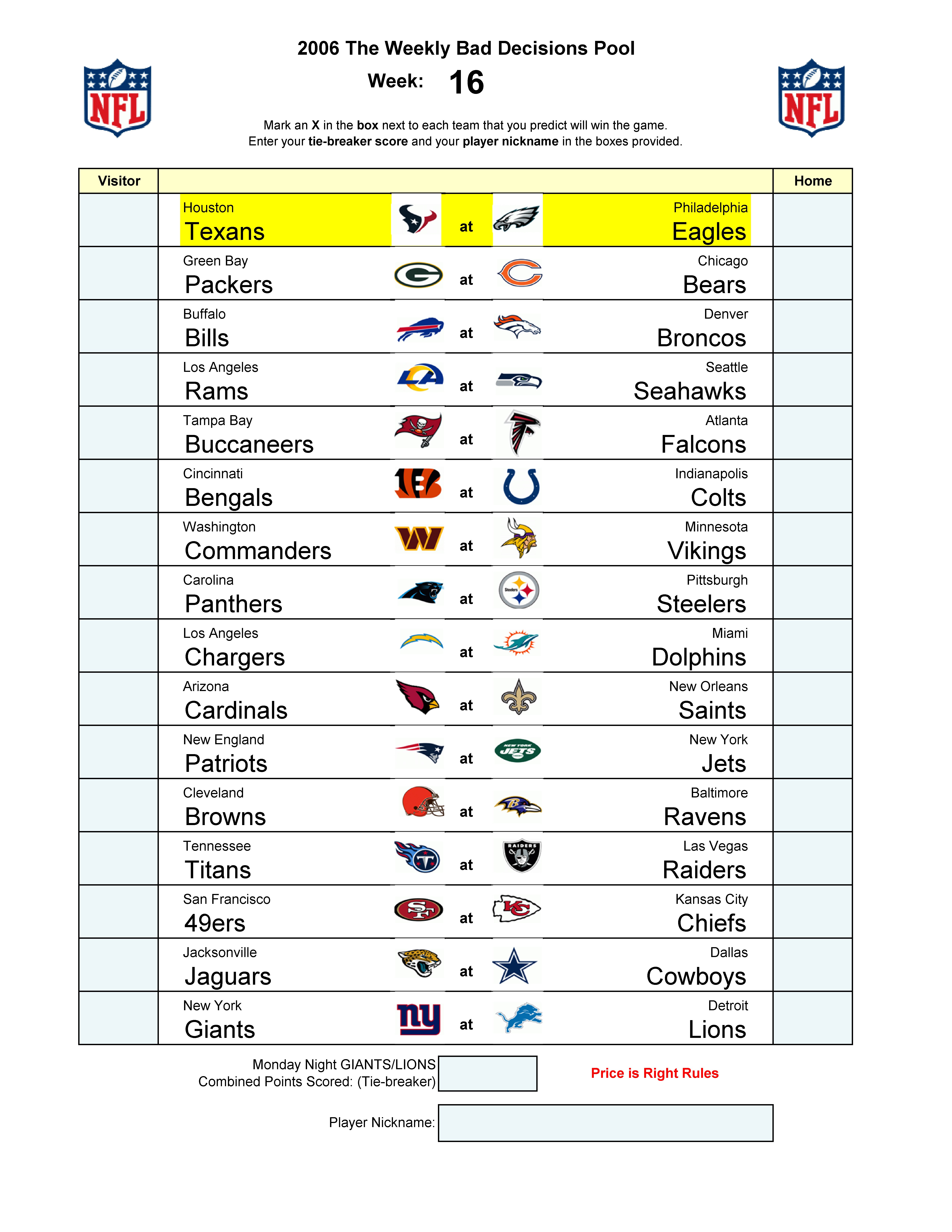Week 16 blank football pool sheet