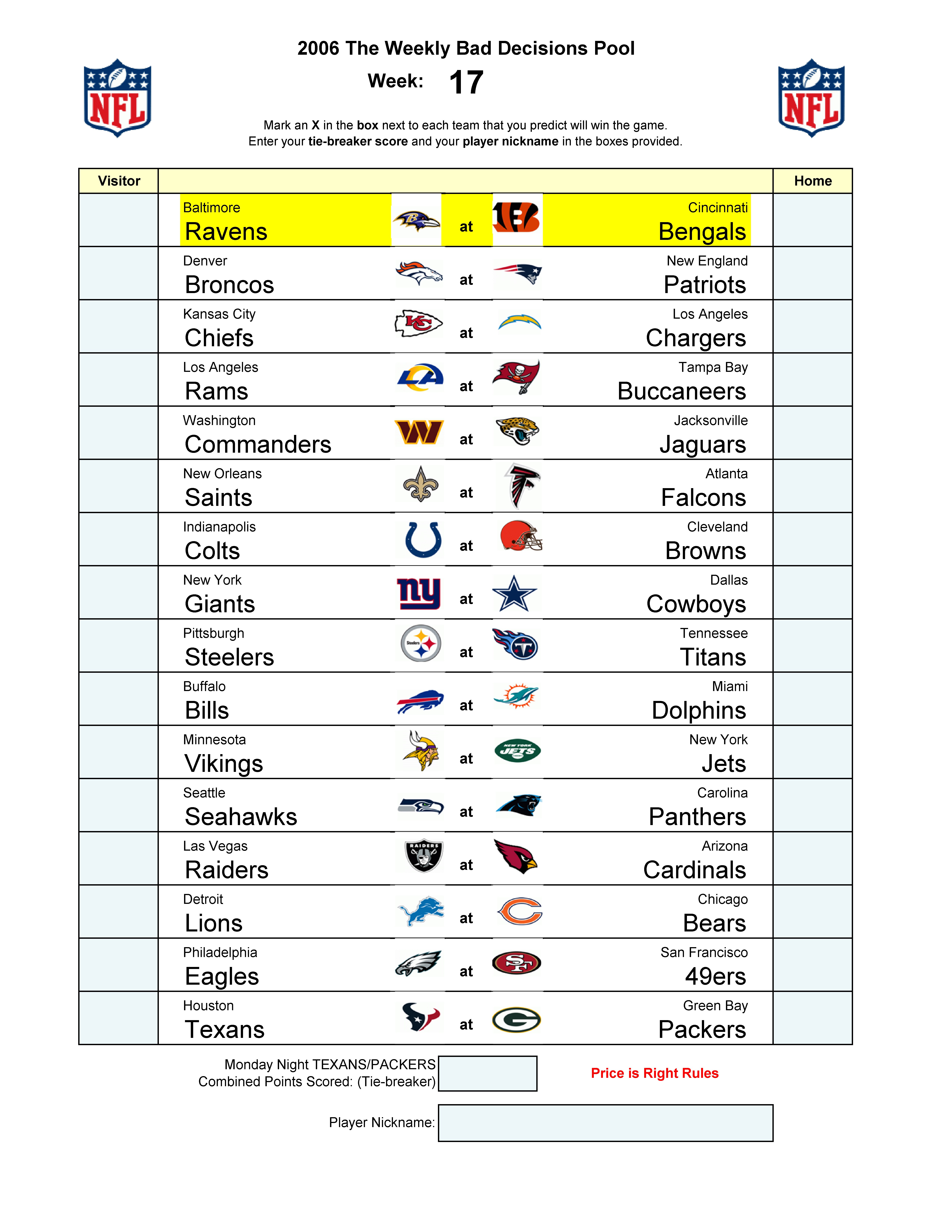 Week 17 blank football pool sheet