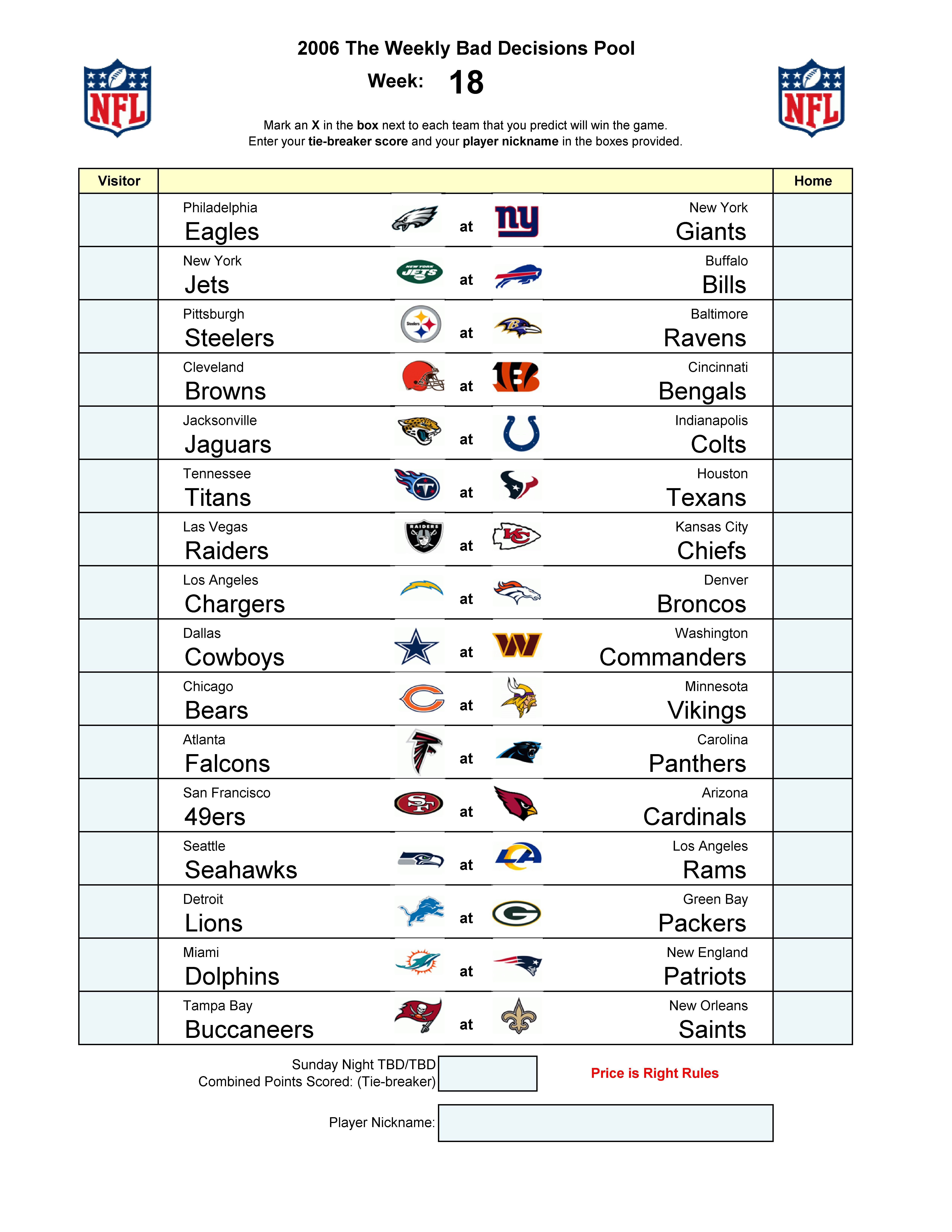 Week 18 blank football pool sheet